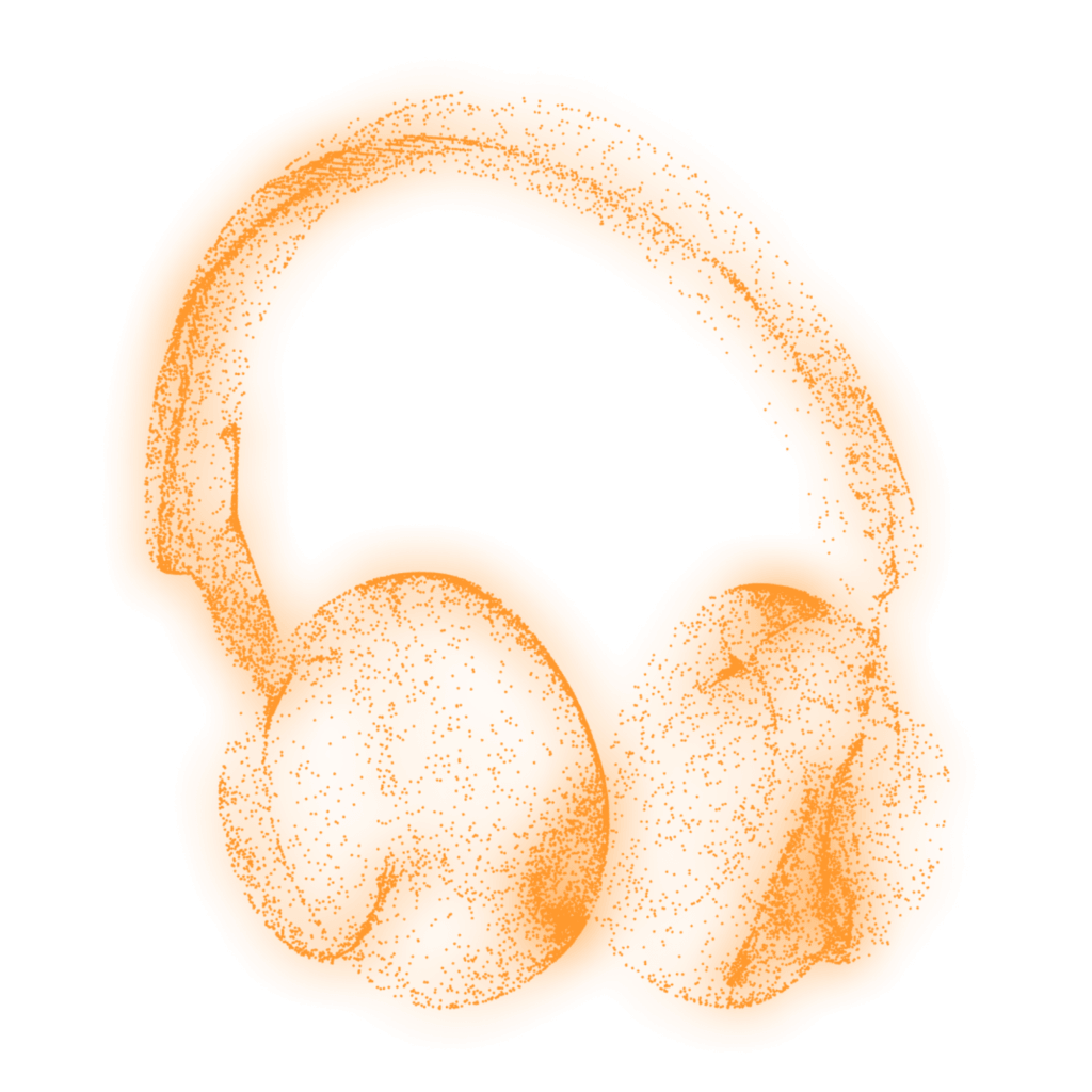 Orangefarbene stilisierte Darstellung eines Kopfhörers mit rundem Bügel und ohrumschließenden Muscheln
