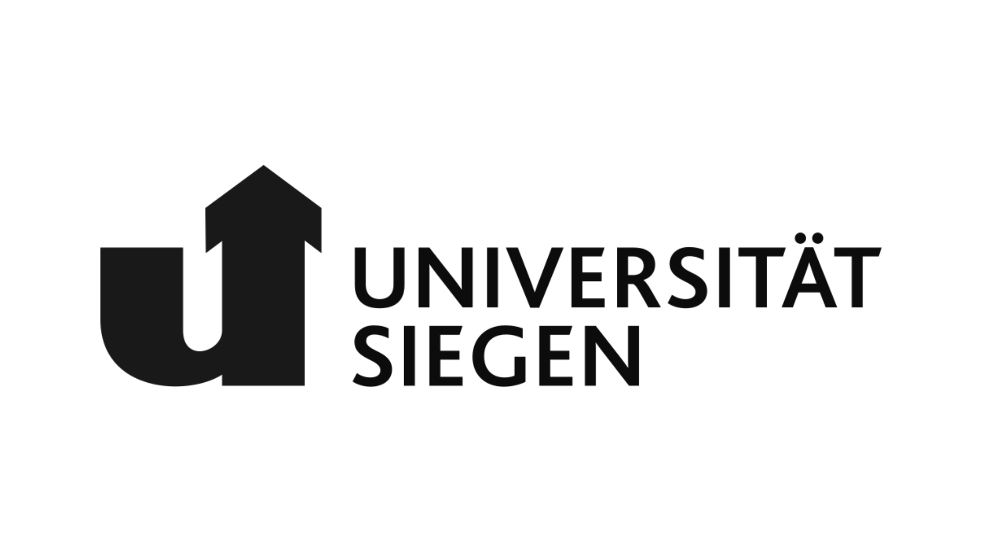 Schwarz-wei&szlig;e Grafik mit stilisiertem Buchstaben U und Pfeil nach oben neben dem Schriftzug 'UNIVERSIT&Auml;T SIEGEN'