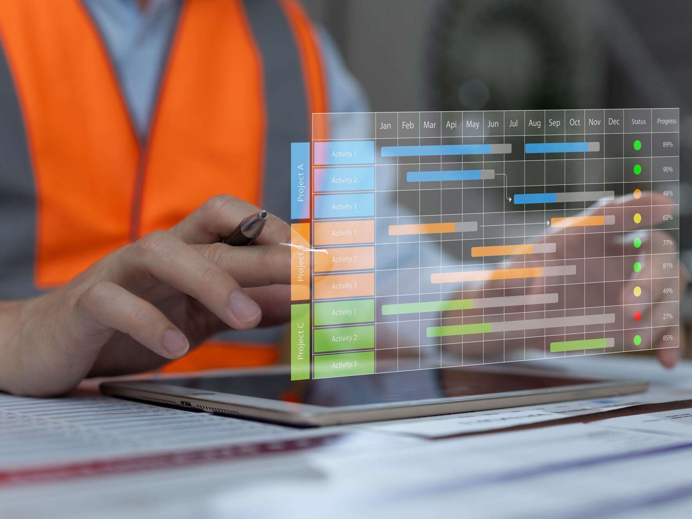 Construction,Manager,Using,Digital,Tablet,To,Monitor,Gantt,Chart,Project