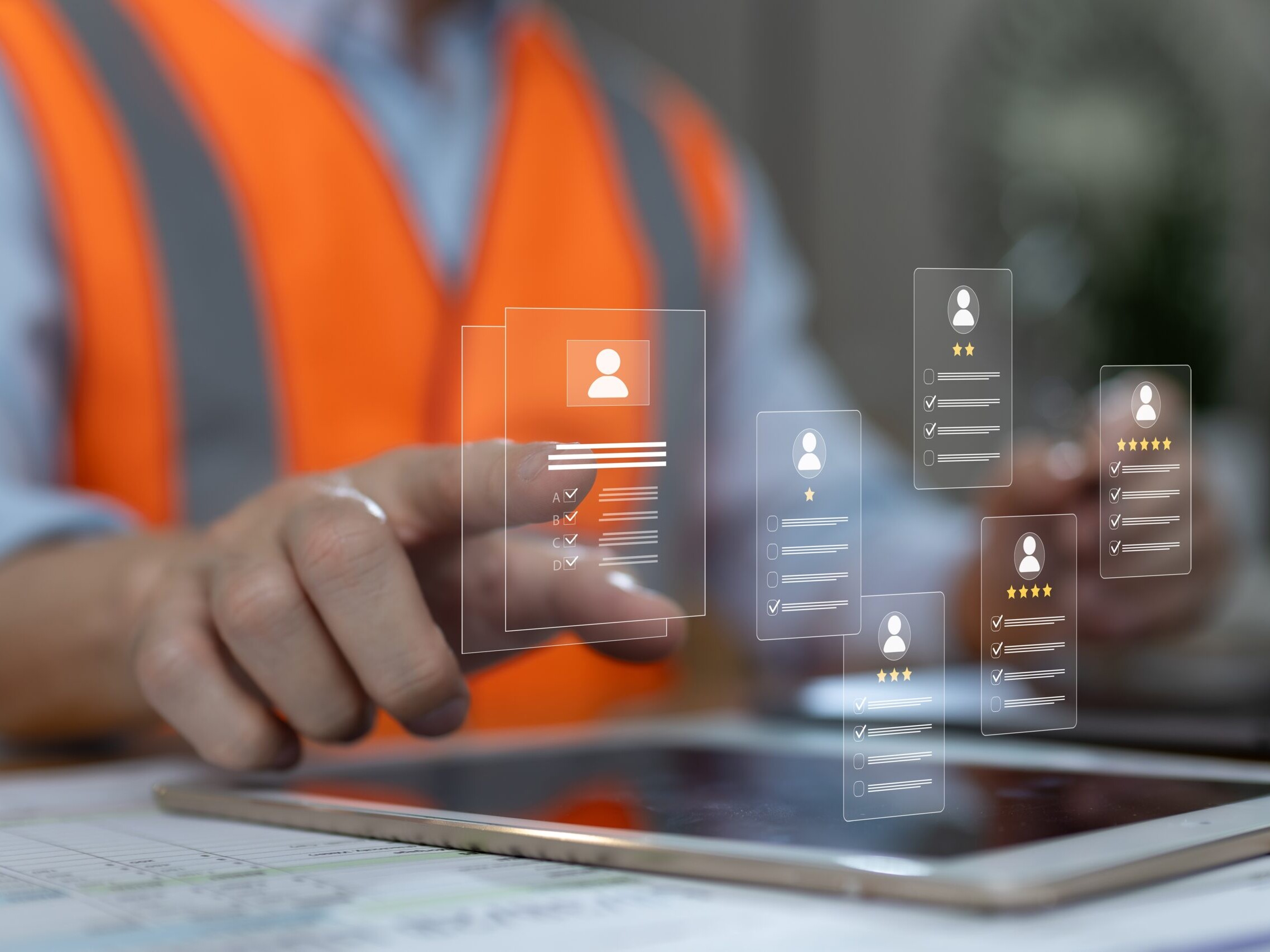 Engineer,Using,Digital,Tablet,To,Review,Virtual,Resumes,And,Candidate
